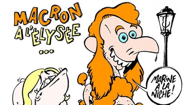 Charlie Hebdo изобразил на карикатуре Макрона и Ле Пен в виде собак