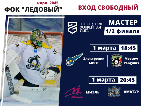 Сегодня состоятся полуфинальные игры дивизиона «Мастер» в Зеленоградской хоккейной лиге 